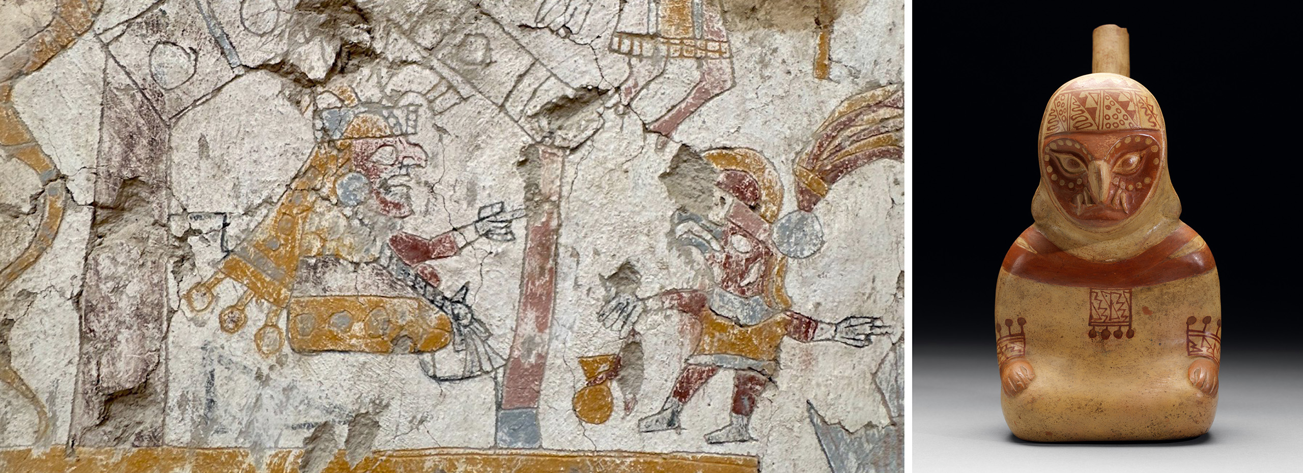 A Moche wall painting and small owl sculpture