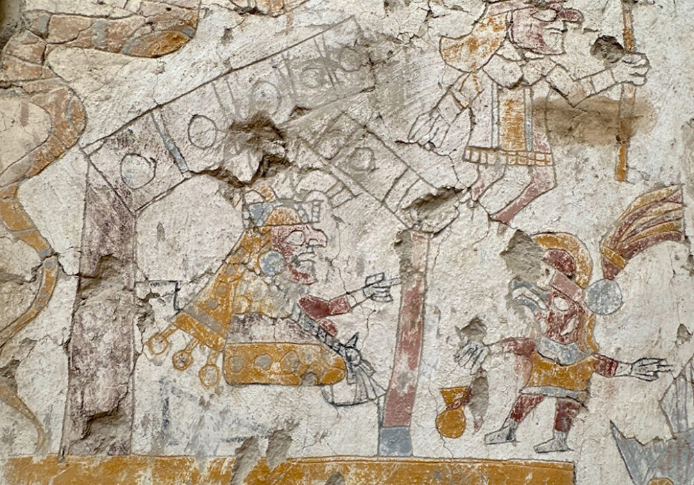 Moche ainting of an enthroned woman speaking to a bird-man