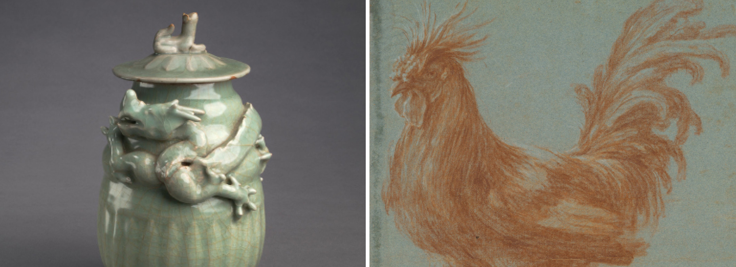 Side by side images of a small green Chinese jar and a drawing of a rooster in red chalk