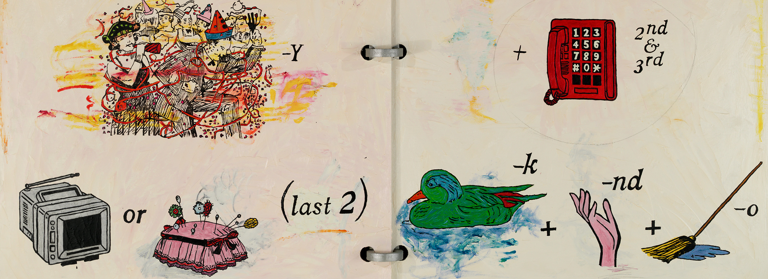 A storybook-like painting of people, objects, and words meant to convey a hidden rebus