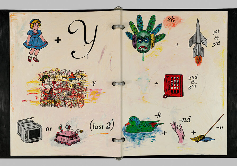 A storybook-like painting of people, objects, and words meant to convey a hidden rebus