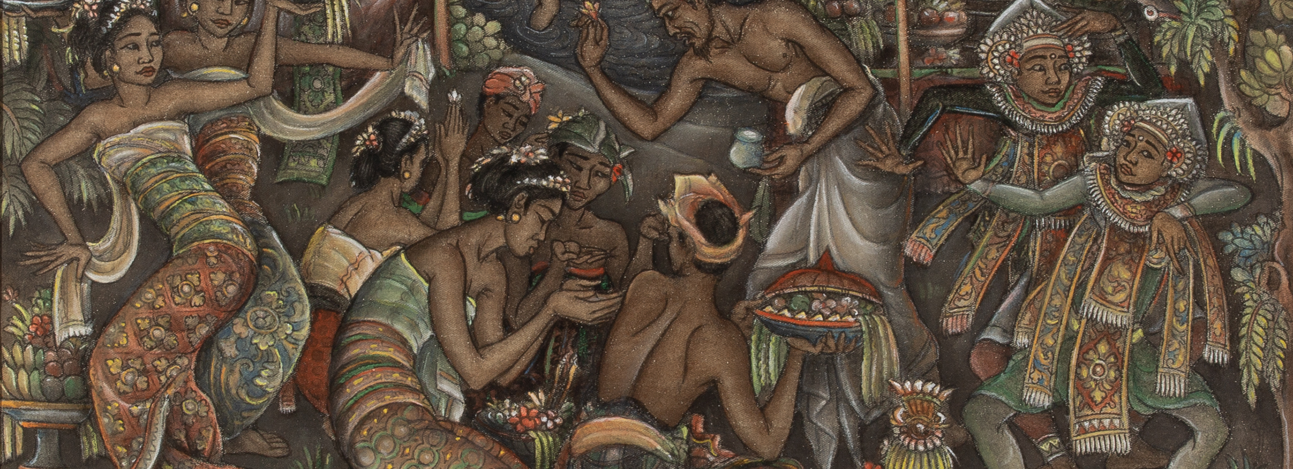 Detail of a painting showing human and fantastical figures from an Indonesian ceremony