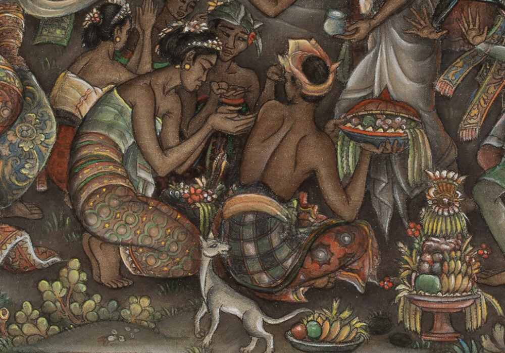 Detail of a painting showing human and fantastical figures from an Indonesian ceremony